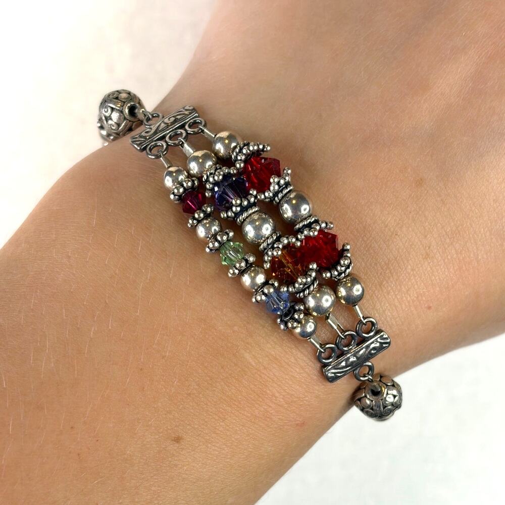 Sterling Silver Glass Beaded Bracelet 3 Strand Artisan Made Colorful